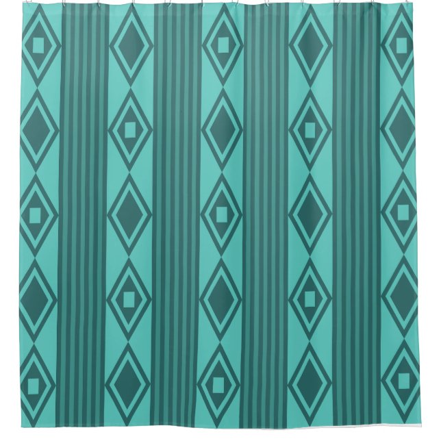 Boho Diamonds Stripes Turquoise Shower Curtain (Front)
