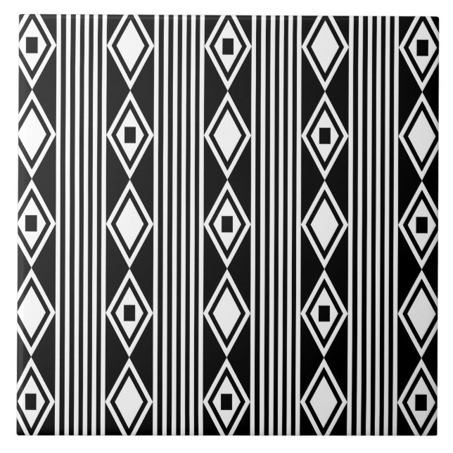 Boho Diamonds Stripes White Black Ceramic Tile (Front)
