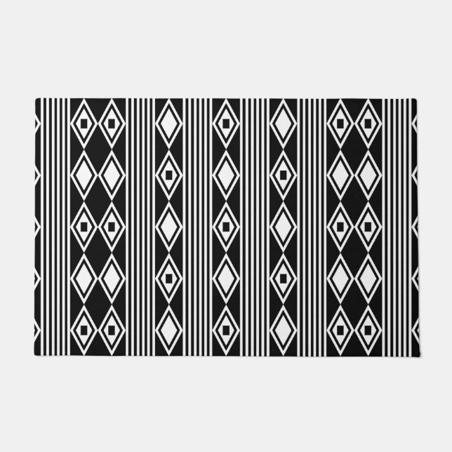 Boho Diamonds Stripes White Black Doormat (Front)