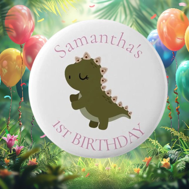 Boho Dinosaur Baby Girl 1st Birthday  Button (Experience the magic of the Dinosaur Button! )