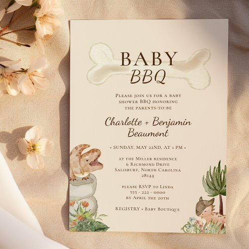 Boho Dinosaur Beige Baby BBQ Baby Shower Invitation