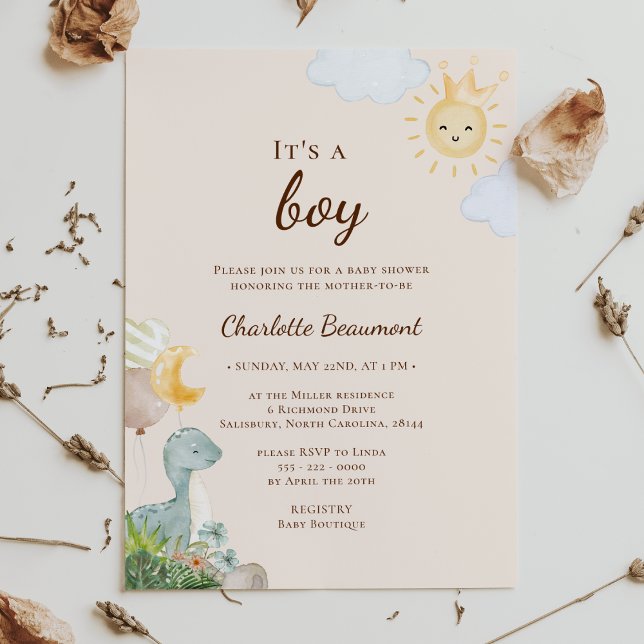 Boho Dinosaur Beige It's A Boy Baby Shower Invitation (Creator Uploaded)