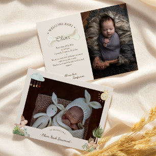 Boho Dinosaur Beige Two Photo Birth Announcement