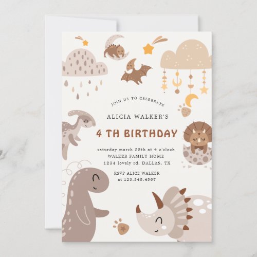 Boho Dinosaur Party Animals Kids Birthday Invitation
