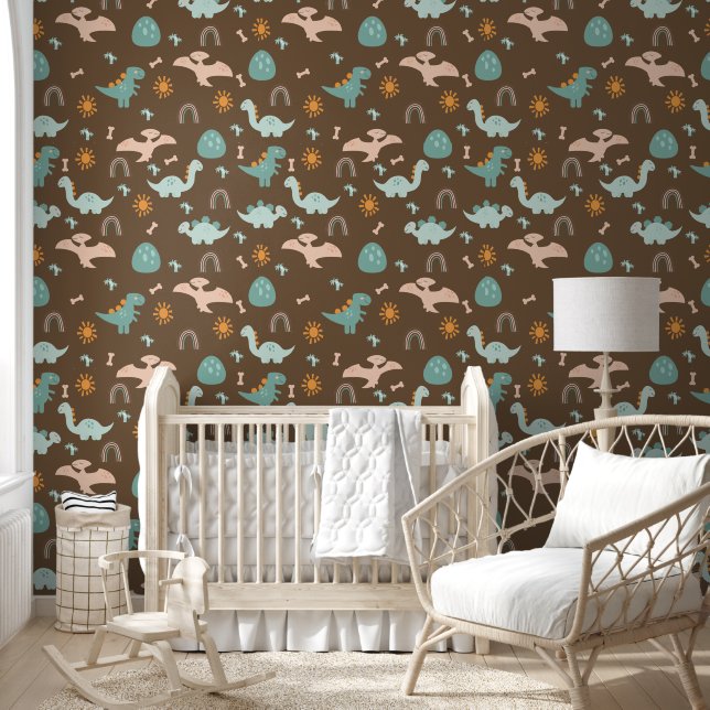 Boho Dinosaurs Adventure Brown Nursery Wallpaper (Kids)