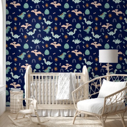 Boho Dinosaurs Adventure Dark Blue Nursery Wallpaper