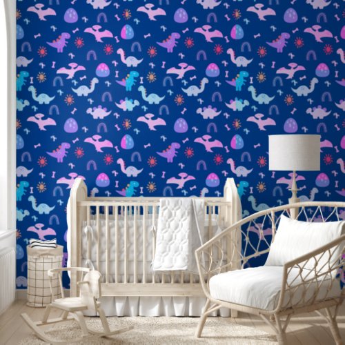 Boho Dinosaurs Colorful Dark Blue Nursery Wallpaper