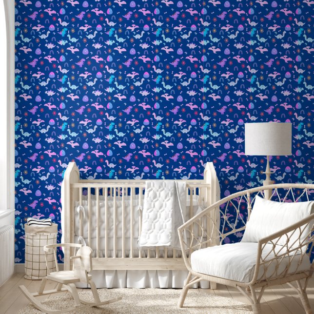 Boho Dinosaurs Colorful Dark Blue Nursery Wallpaper (Kids)