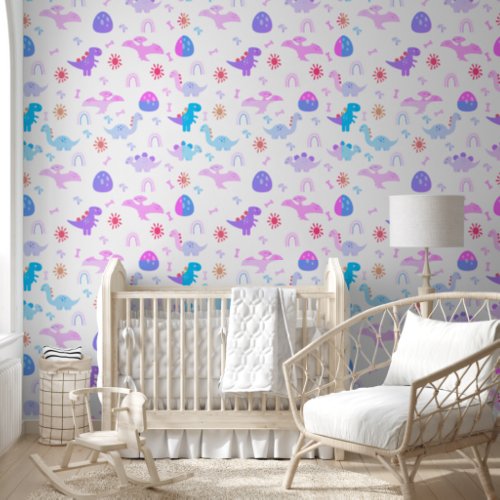 Boho Dinosaurs Pink Purple Blue Nursery Wallpaper