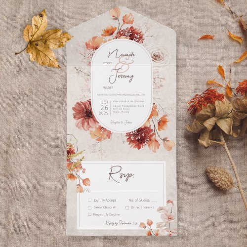 Boho Distressed Cream Fall Floral Dinner All In One Invitation