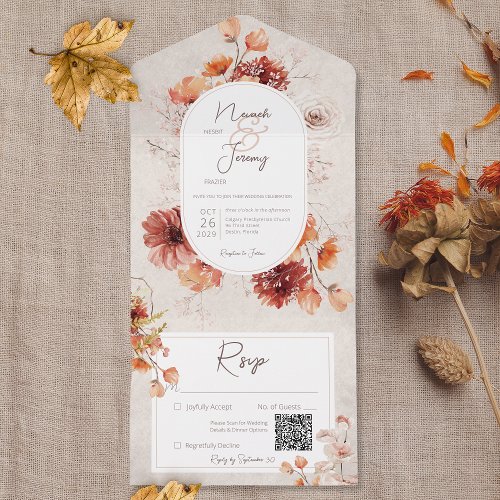 Boho Distressed Cream Fall Floral QR Code All In One Invitation