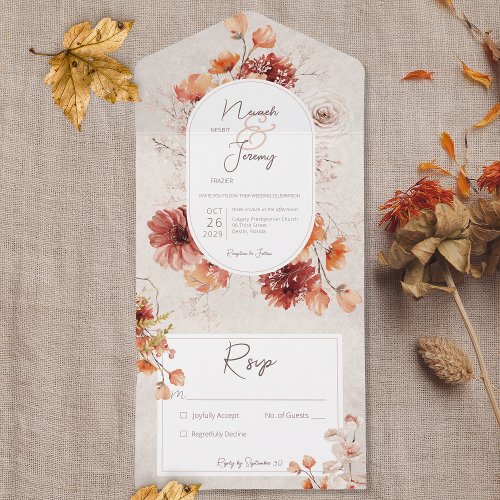Boho Distressed Cream Rust Fall Floral No Dinner All In One Invitation
