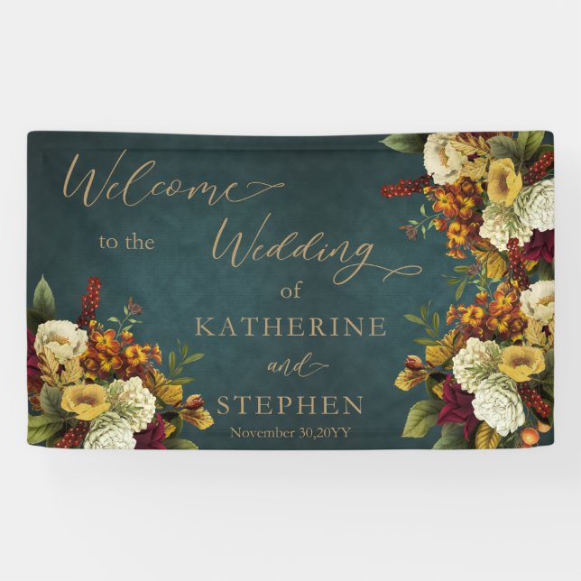 Boho Dk Teal - Orange | Red Floral Bouquet Wedding Banner (Horizontal)