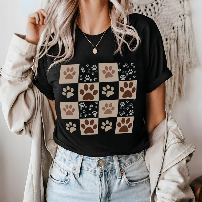 Boho Dog & Cat Paw Checkered  T-Shirt (Creator Uploaded)