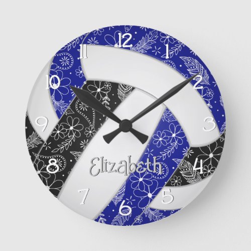 boho doodle feathers blue black volleyball round clock