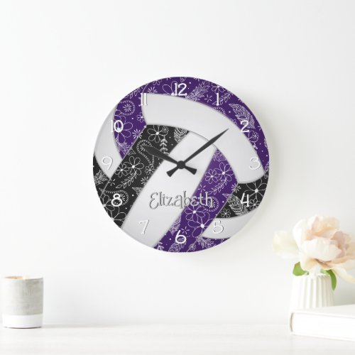 boho doodle feathers purple black volleyball large clock