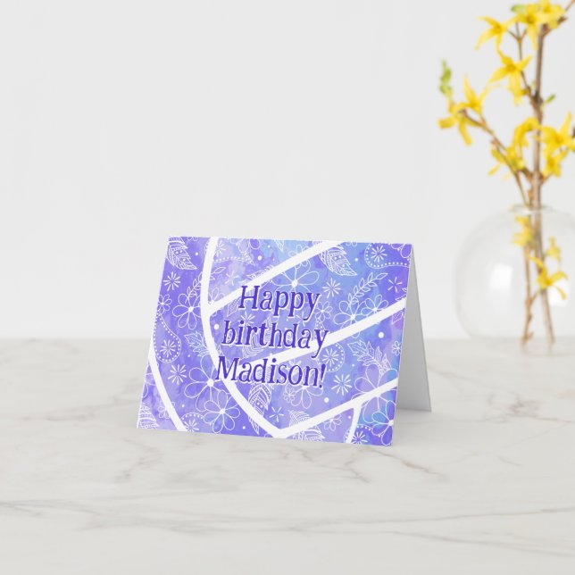 boho doodle feathers purple volleyball birthday card (Yellow Flower)