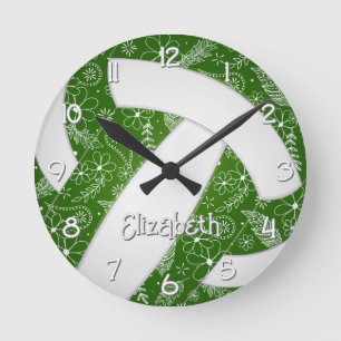 boho doodle floral green white volleyball round clock