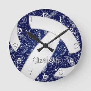 boho doodle floral navy blue white volleyball round clock