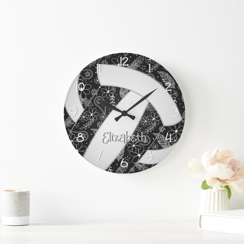 boho doodle floral pattern black white volleyball wall clock
