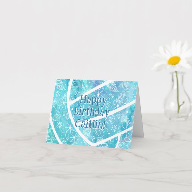 boho doodle floral turquoise volleyball birthday card (Small Plant)