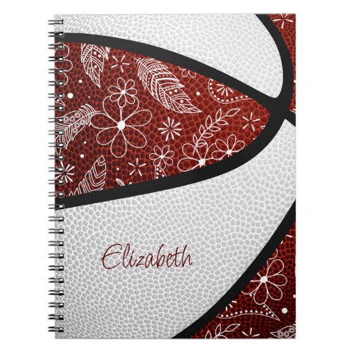 Boho doodle flowers maroon white basketball notebook