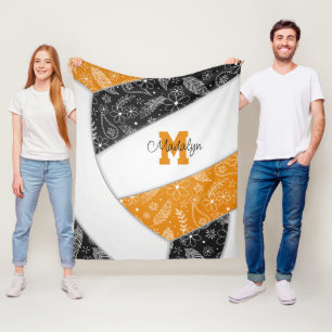Boho doodle pattern black orange volleyball fleece blanket