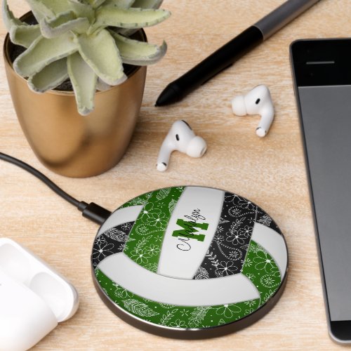 boho doodle pattern on green black volleyball wireless charger 