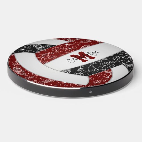 boho doodle pattern on maroon black volleyball wireless charger 