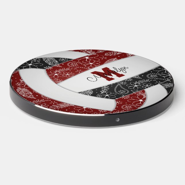 boho doodle pattern on maroon black volleyball wireless charger  (Front 2)