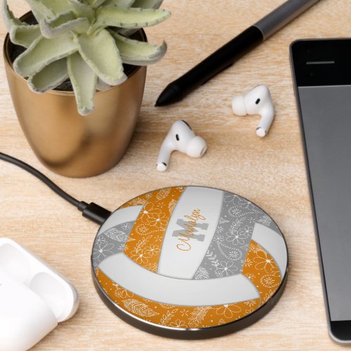 boho doodle pattern on orange gray volleyball wireless charger 