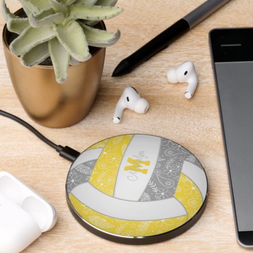 boho doodle pattern on yellow gray volleyball wireless charger 