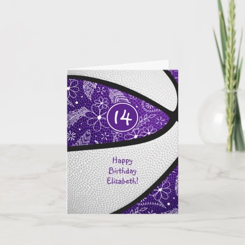 boho doodle purple white girly basketball birthday card