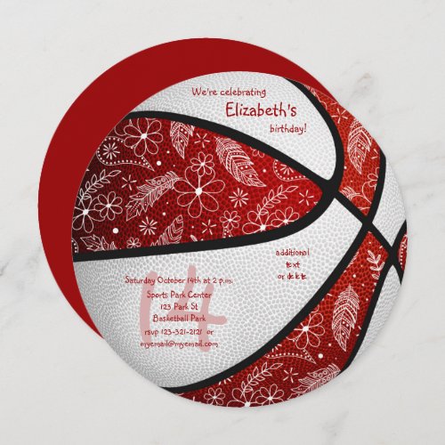 boho doodles girls red white basketball birthday announcement