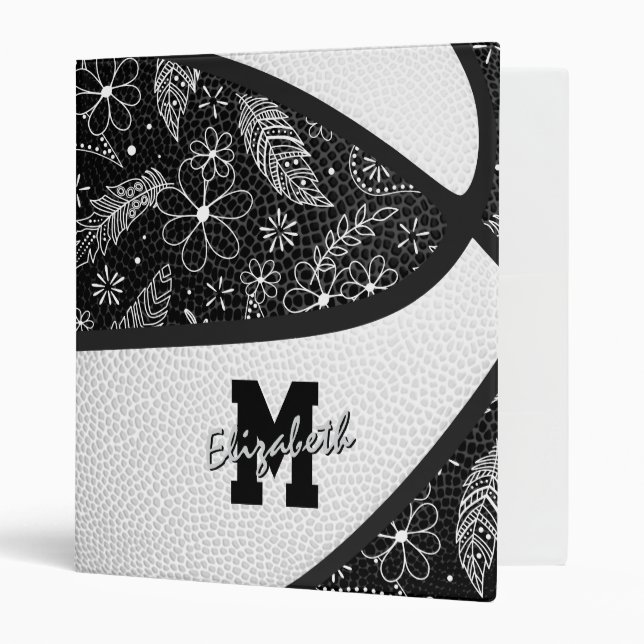 boho doodles pattern black white basketball 3 ring binder (Front/Inside)