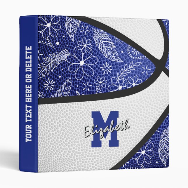 boho doodles pattern blue white basketball 3 ring binder (Front/Spine)