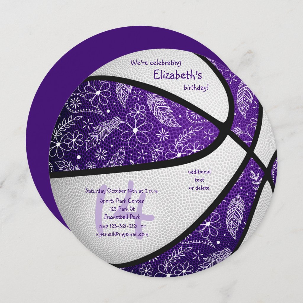 boho doodles purple white basketball celebration announcement