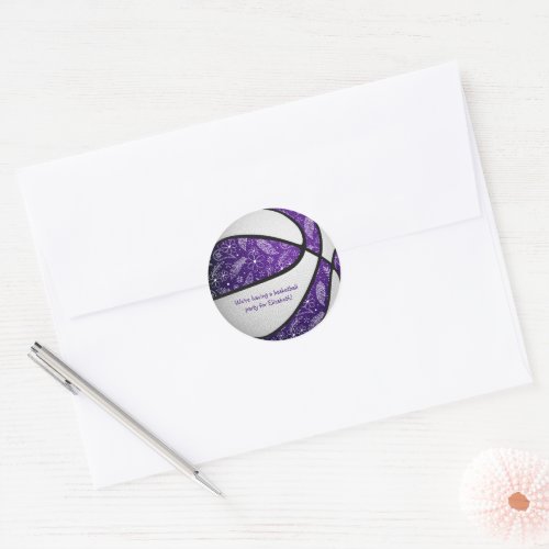 boho doodles purple white basketball celebration classic round sticker