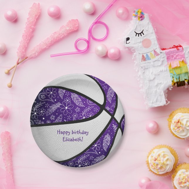 boho doodles purple white basketball celebration paper plates (Party)