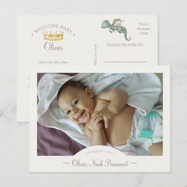 Boho Dragon Photo Birth Announcement Postcard (Front/Back)