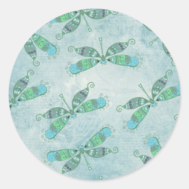 Boho Dragonflies in Blue Classic Round Sticker (Front)