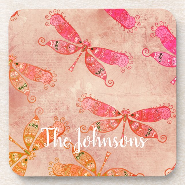 Boho Dragonflies in Pink Beverage Coaster (Front)