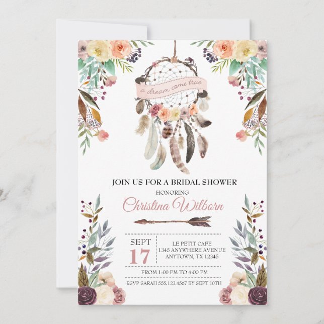 Boho Dream Catcher Dusky Bridal Shower Invitation (Front)