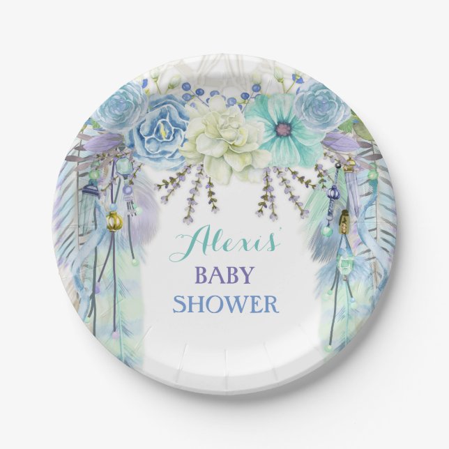 Boho Dream Catcher Feather Tribal Aqua Blue Paper Plates (Front)