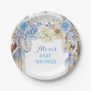 Boho Dream Catcher Feather Tribal Blue Ivory Paper Plates