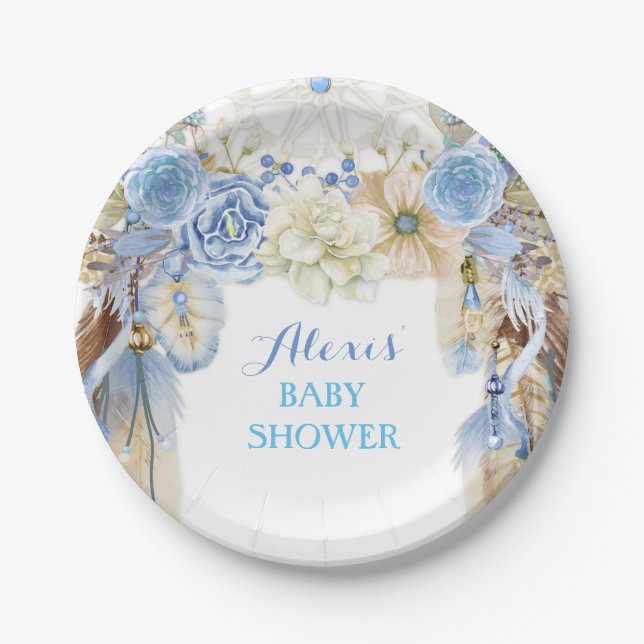 Boho Dream Catcher Feather Tribal Blue Ivory Paper Plates (Front)