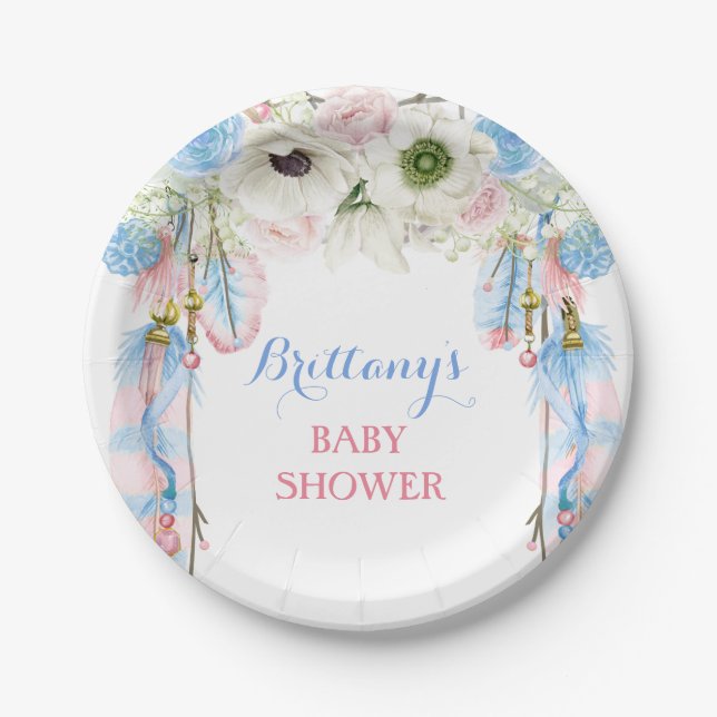 Boho Dream Catcher Feather Tribal Blue Pink Paper Plates (Front)