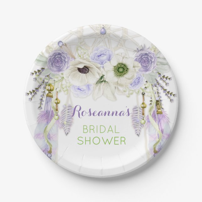 Boho Dream Catcher Feather Tribal Lavender Paper Plates (Front)