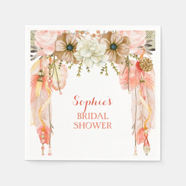 Boho Dream Catcher Feather Tribal Peach Coral Paper Napkins (Front)