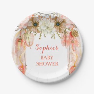 Boho Dream Catcher Feather Tribal Peach Coral Paper Plates
